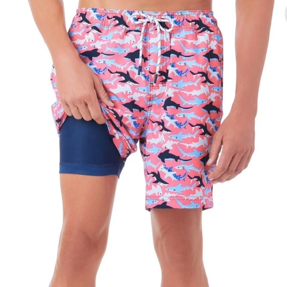 Member’s Mark Men's Resort Liner Swim Trunk Blue & White Sharks/Pink Background